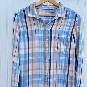 Hampton Republic 27 Plaid Button Down Shirt Blue Pink Tan Long Sleeve Blouse